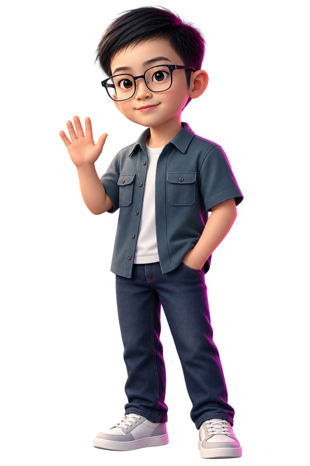 Vicky’s builder avatar with short dark hair, glasses, and a teal shirt