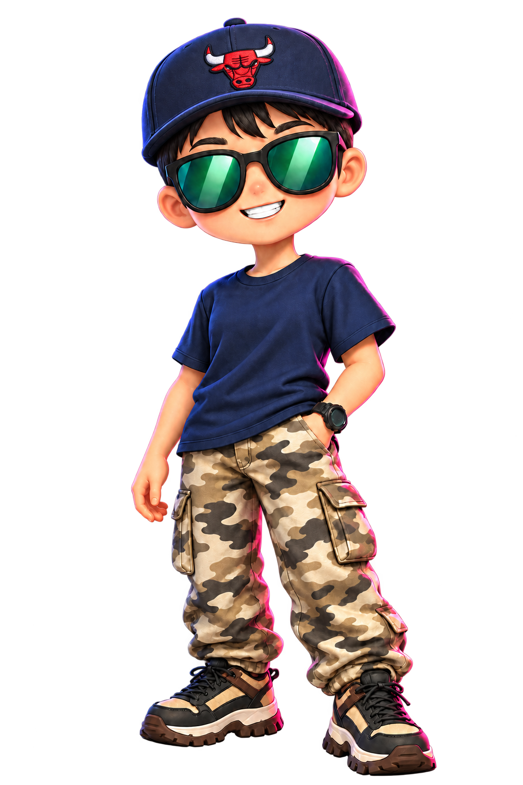 Vicky’s playful 3D-style avatar with short black hair, a navy cap with a red bull emblem, green sunglasses, and camouflage trousers